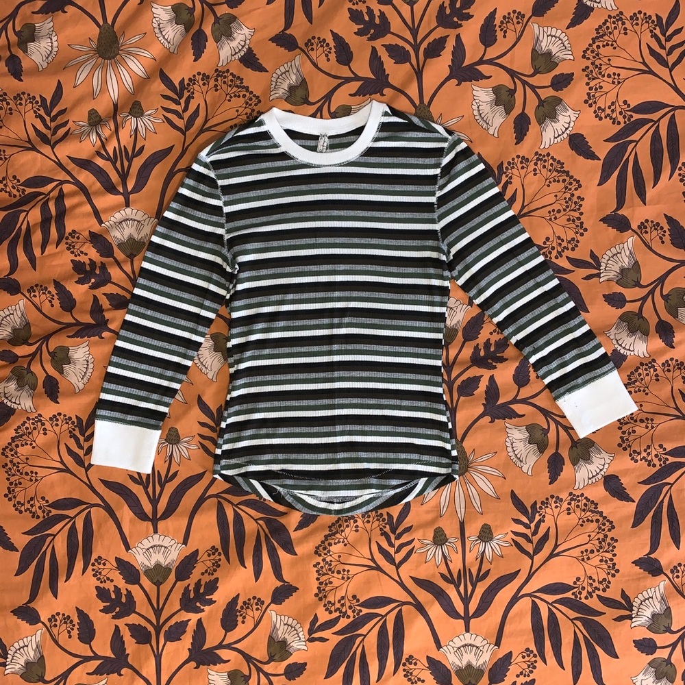 Free People Green & Gray Striped 3/4 Sleeve Top S